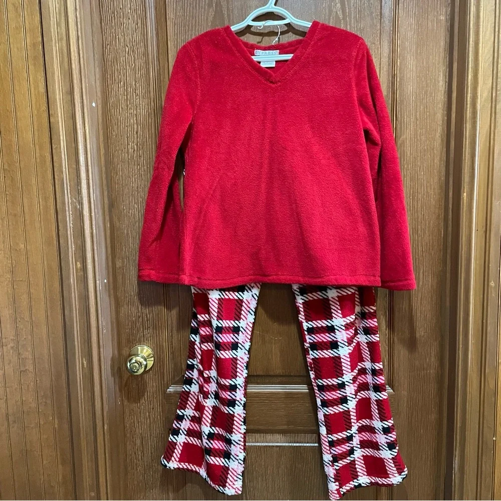 CYPRESS Women's Red Polar Fleece Pajama Set with Plaid Pants Soft Size Small